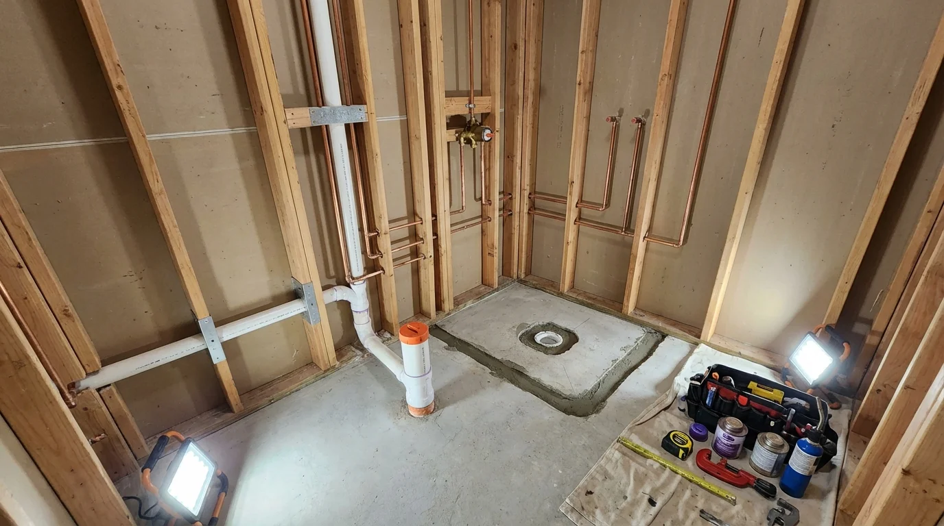 Bathroom rough-in plumbing during remodel by Johns Plumbing LLC in Oliver