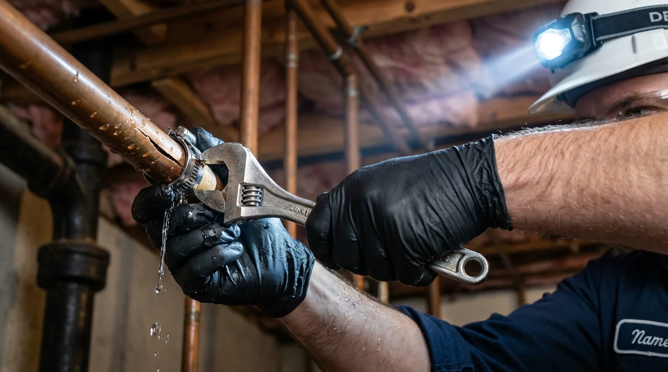 Emergency pipe clamp repair being performed by a Johns Plumbing LLC plumber in Oliver