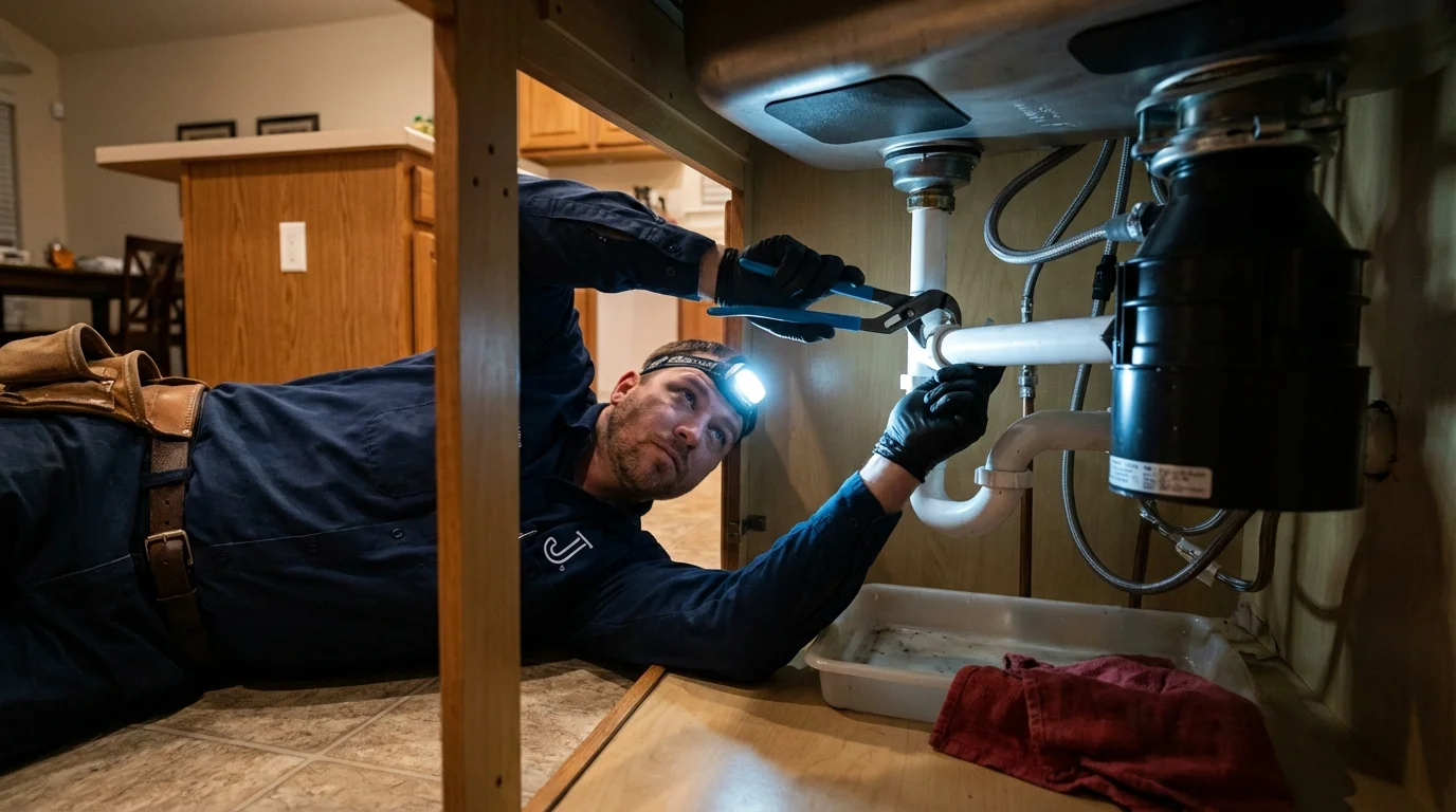 P-trap and supply line connections under a kitchen sink showing a common leak point in Oliver, PA
